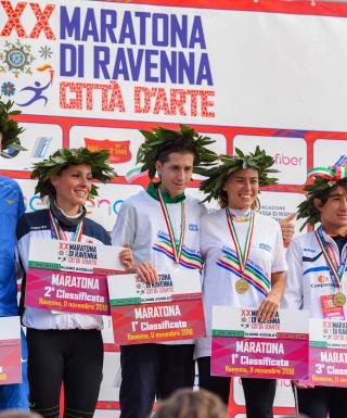 Il podio della rassegna tricolore di maratona a Ravenna (foto Organizzatori)