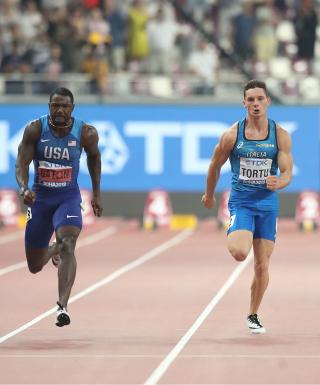La finale dei 100 metri ai Mondiali di Doha (foto Colombo/FIDAL)