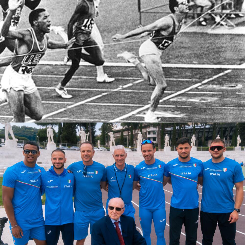 Atleta italiano in lutto per la scomparsa di un campione olimpico, corsa in pista, pubblico che applaude